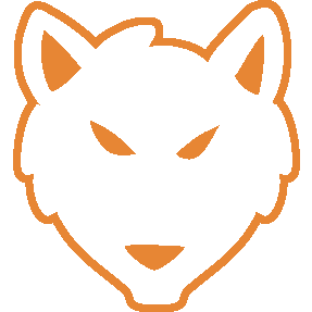 An angry white wolf head with an orange outline.